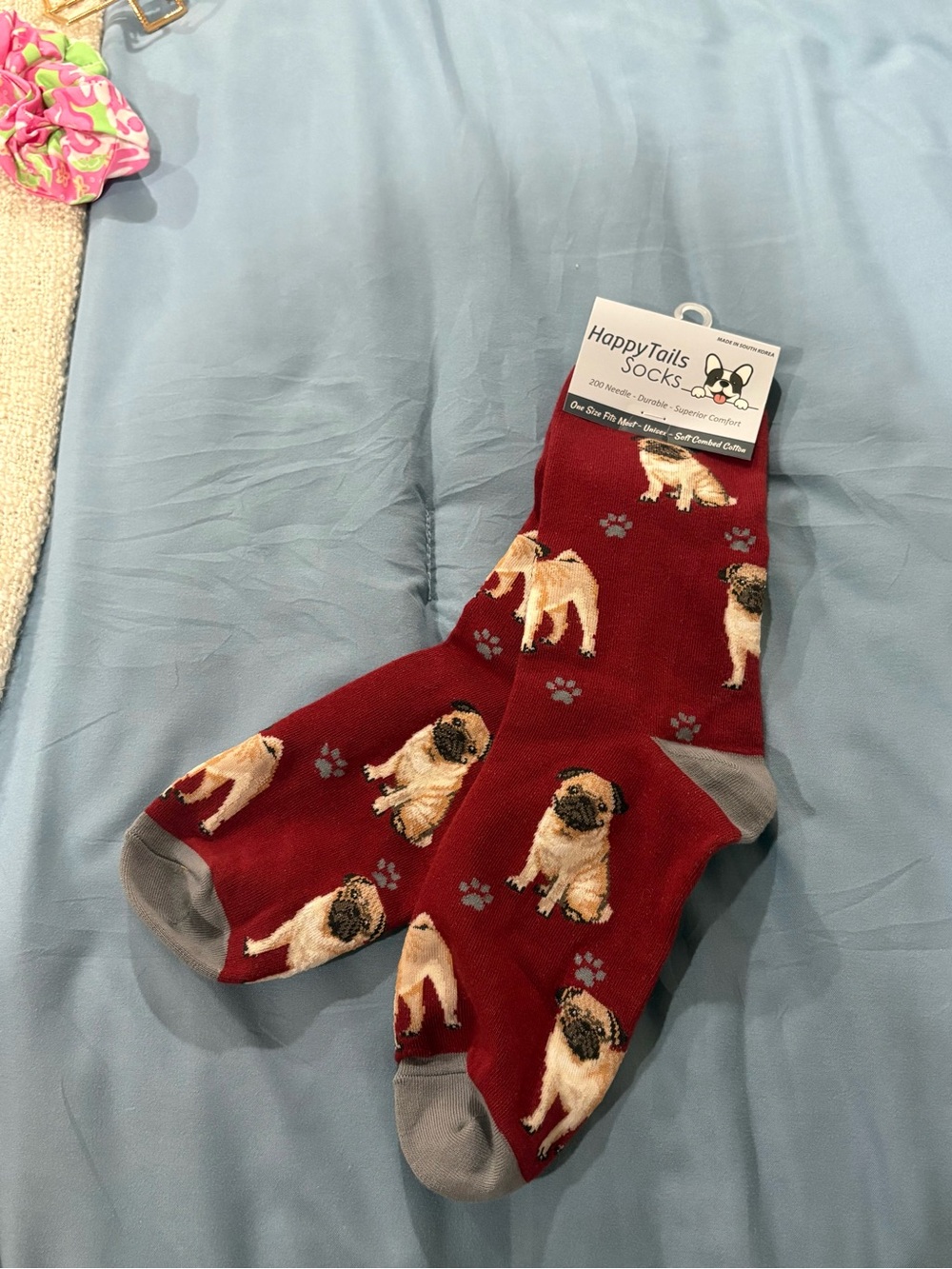 NWT HappyTails Red Pug Pattern Crew Socks